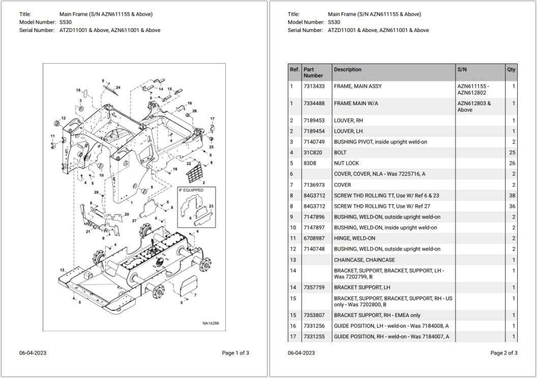 Bobcat S530 ATZD11001 & Above Parts Catalog