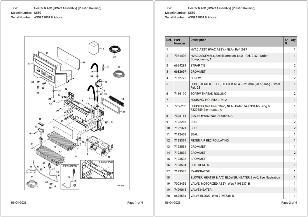Bobcat S550 A3NL11001 & Above Parts Catalog