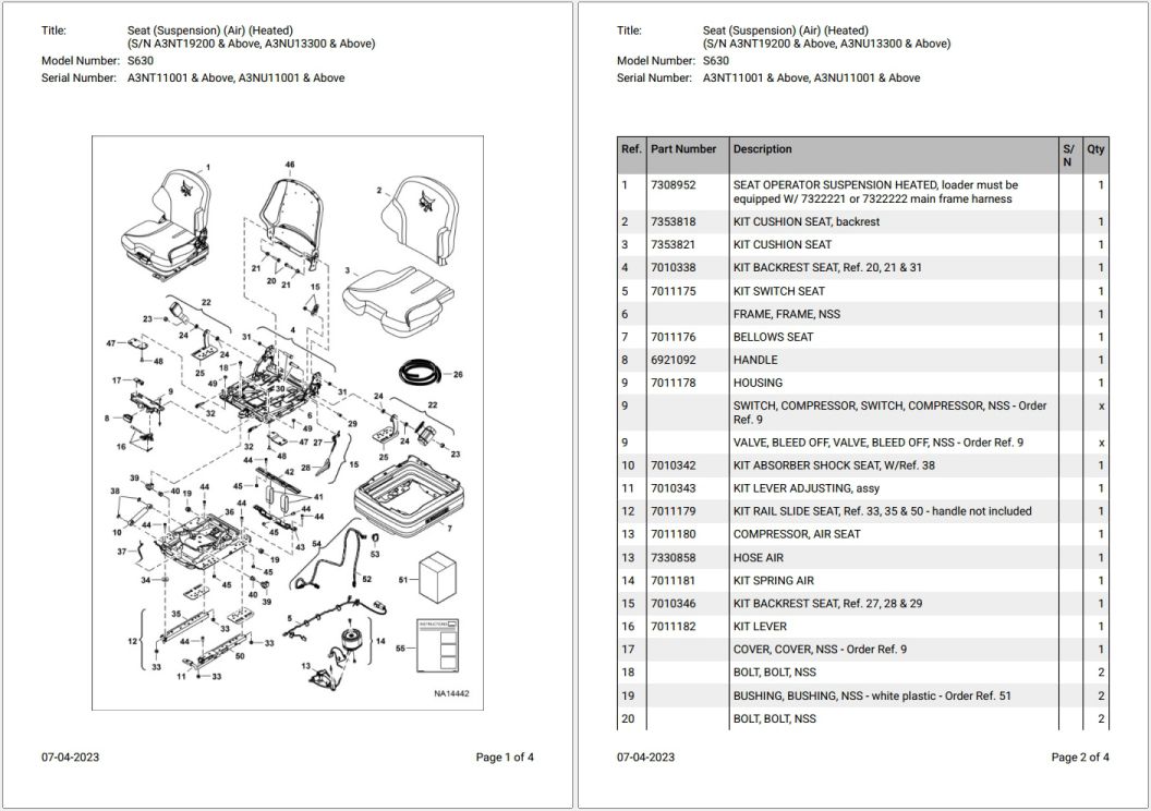 Bobcat S630 A3NT11001 & Above Parts Catalog