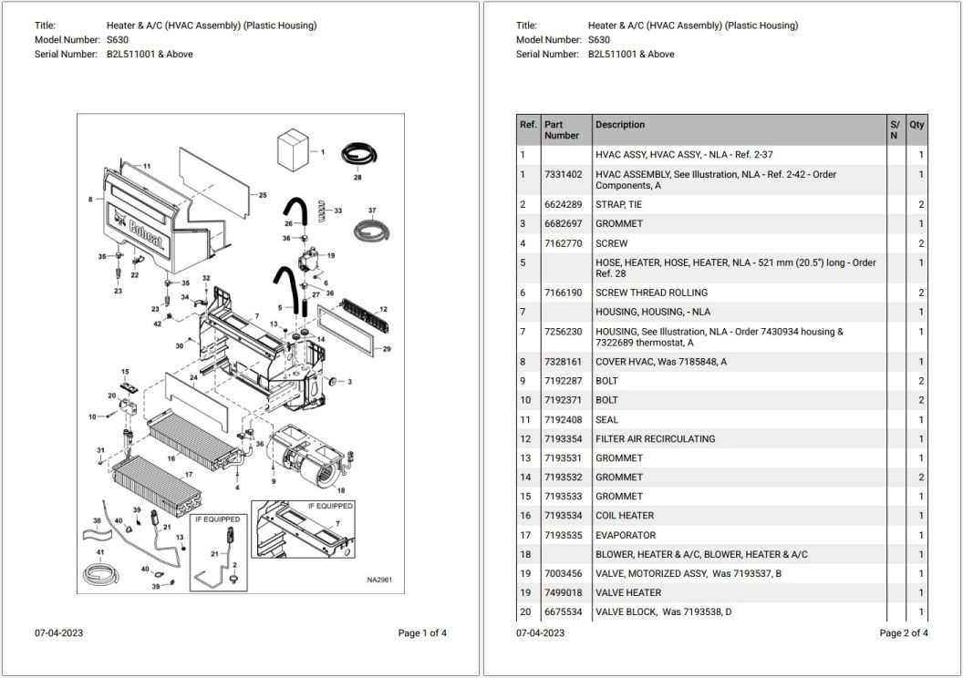 Bobcat S630 B2L511001 & Above Parts Catalog