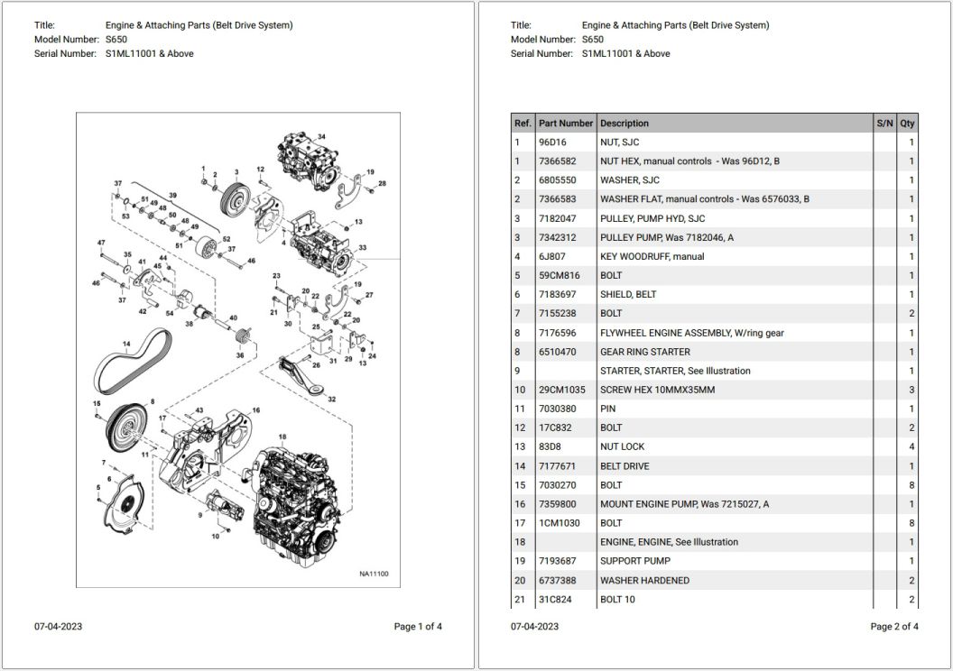 Bobcat S650 S1ML11001 & Above Parts Catalog