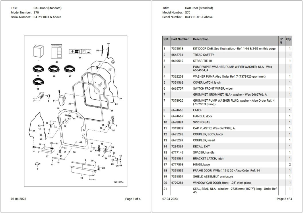 Bobcat S70 B4TY11001 & Above Parts Catalog