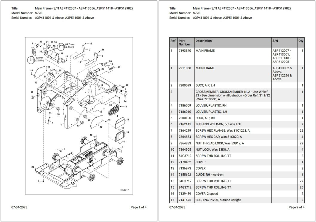 Bobcat S770 A3P411001 & Above Parts Catalog