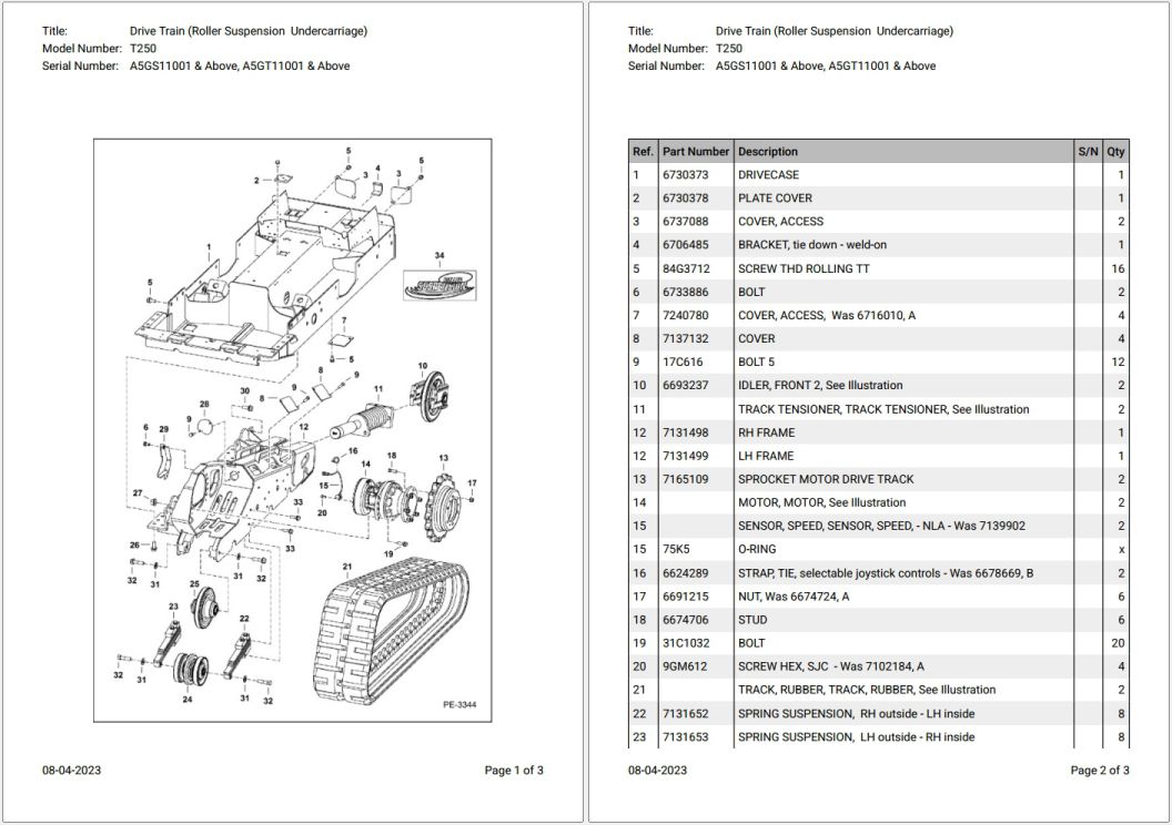 Bobcat T250 A5GS11001 & Above Parts Catalog