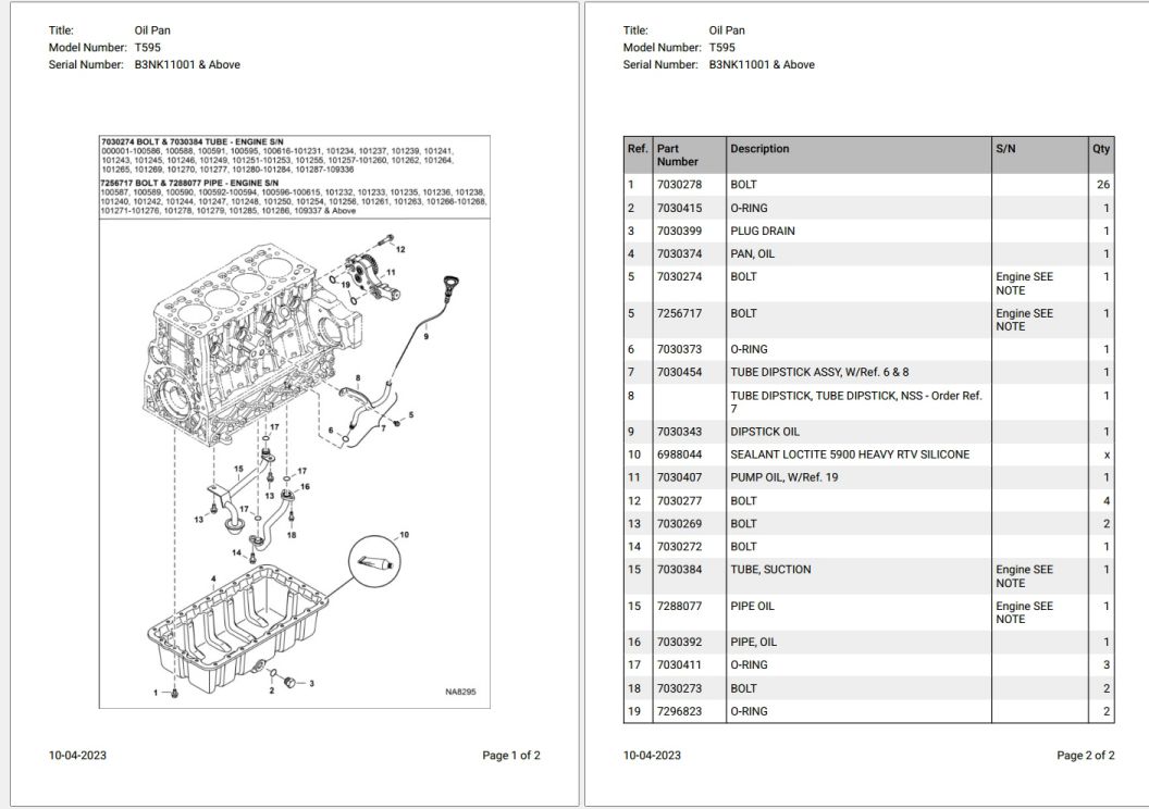Bobcat T595 B3NK11001 & Above Parts Catalog