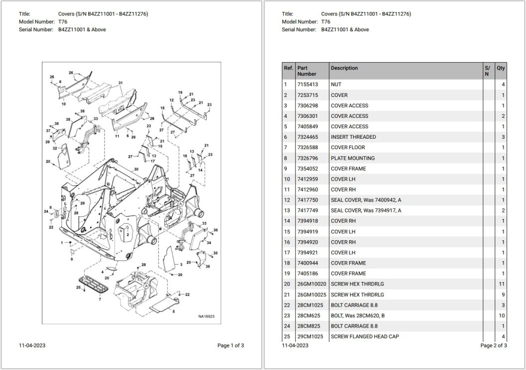 Bobcat T76 B4ZZ11001 & Above Parts Catalog