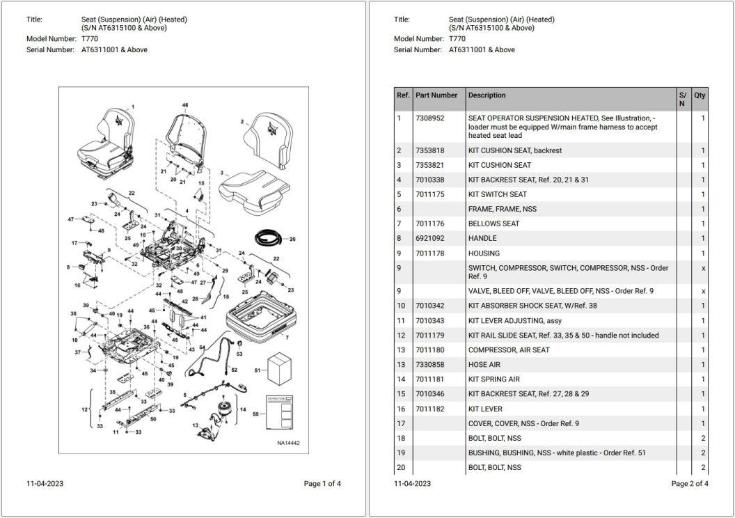 Bobcat T770 AT6311001 & Above Parts Catalog