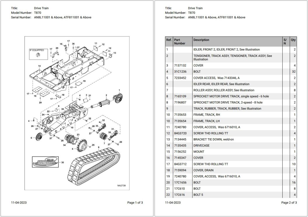 Bobcat T870 AN8L11001 & Above Parts Catalog