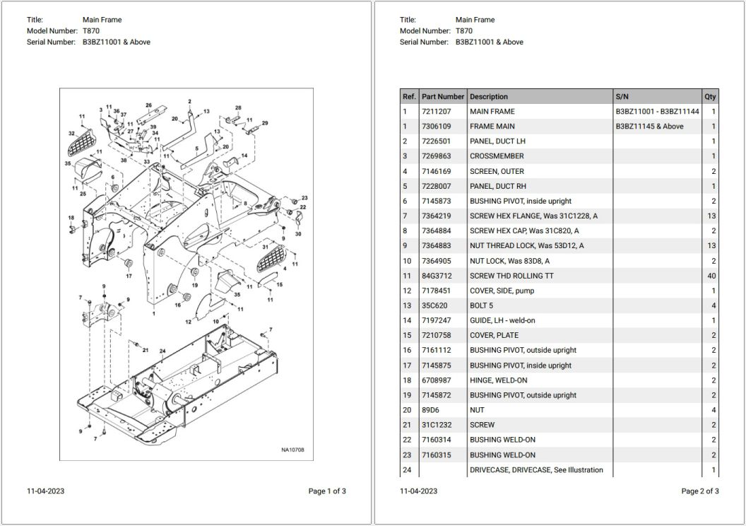 Bobcat T870 B3BZ11001 & Above Parts Catalog