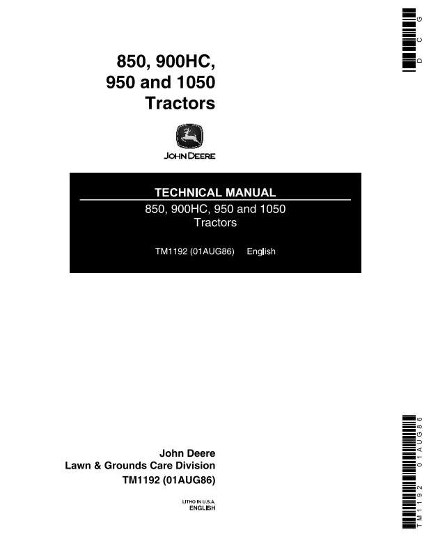 John Deere 1050 850 900HC 950 Utility Tractor Technical Manual TM1192