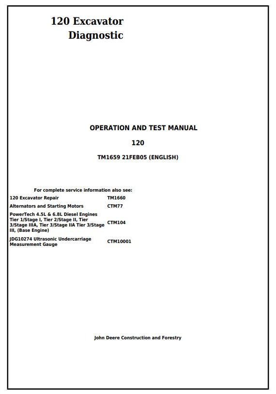 John Deere 120 Excavator Diagnostic Operation Test Manual TM1659