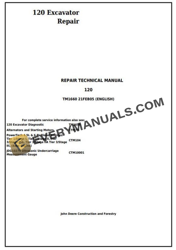 John Deere 120 Excavator Repair Technical Manual TM1660 PDF