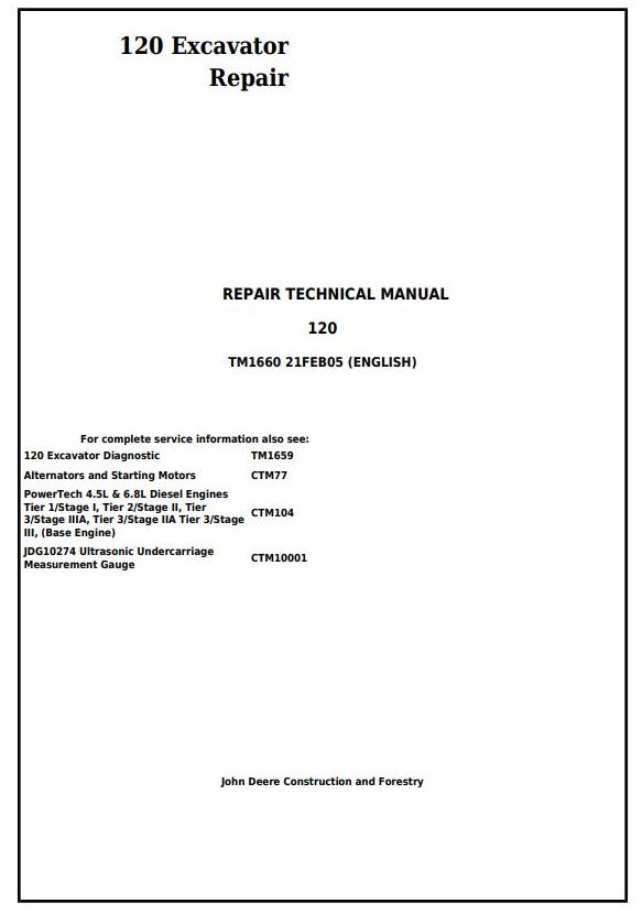 John Deere 120 Excavator Repair Technical Manual TM1660