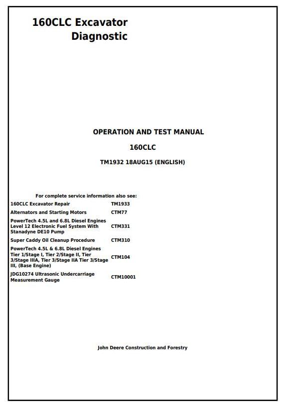 John Deere 160CLC Excavator Diagnostic Operation Test Manual TM1932