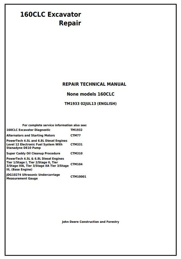 John Deere 160CLC Excavator Repair Technical Manual TM1933