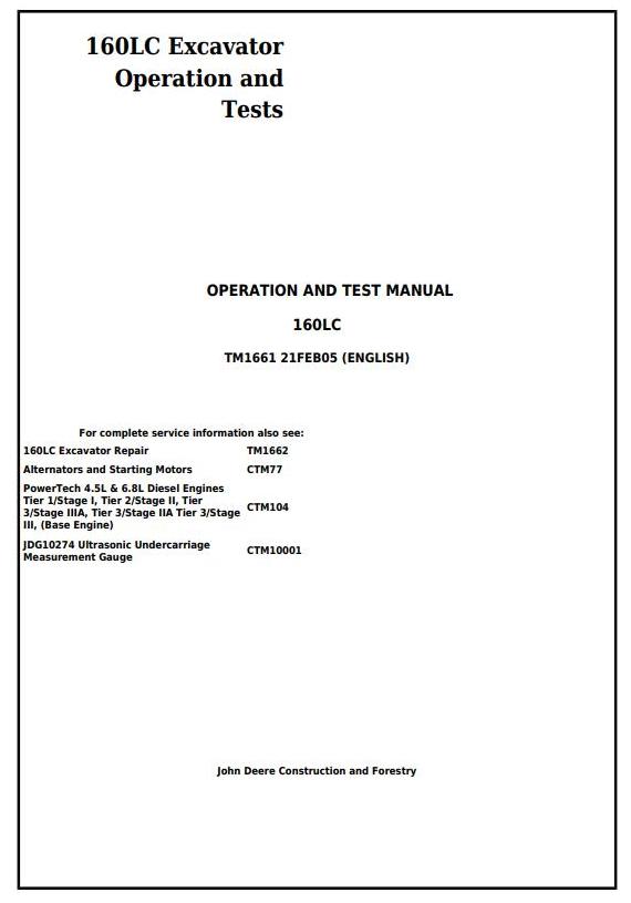 John Deere 160LC Excavator Operation Test Manual TM1661