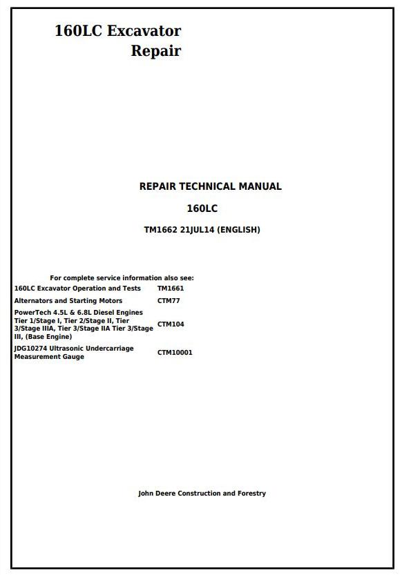 John Deere 160LC Excavator Repair Technical Manual TM1662