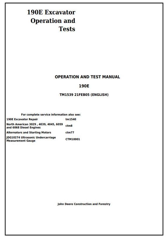 John Deere 190E Excavator Operation Test Manual TM1539