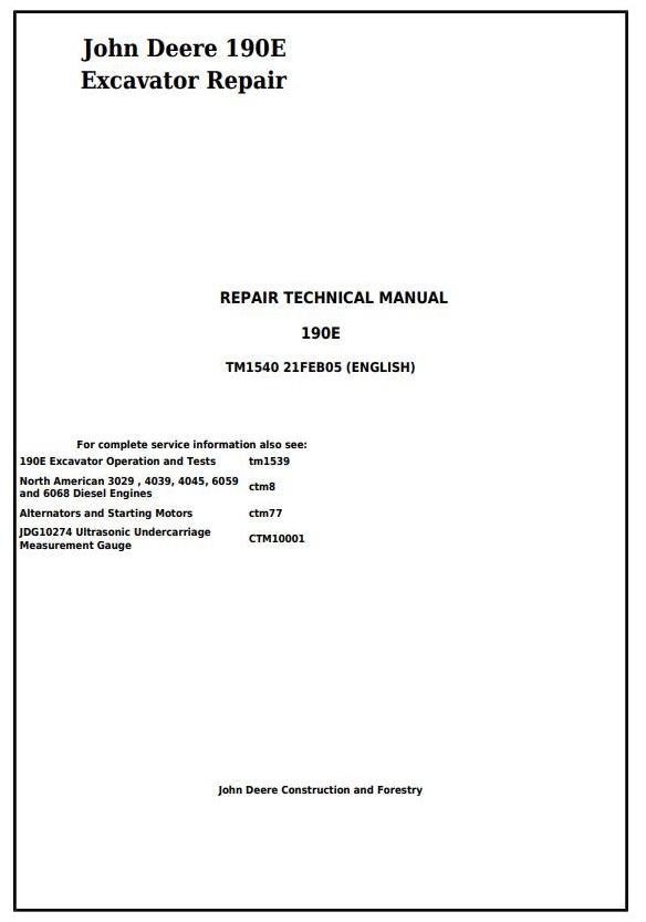 John Deere 190E Excavator Repair Technical Manual TM1540