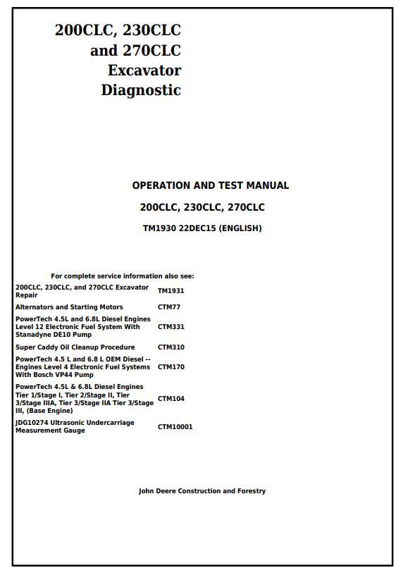 John Deere 200CLC 230CLC 270CLC Excavator Diagnostic Operation Test Manual TM1930