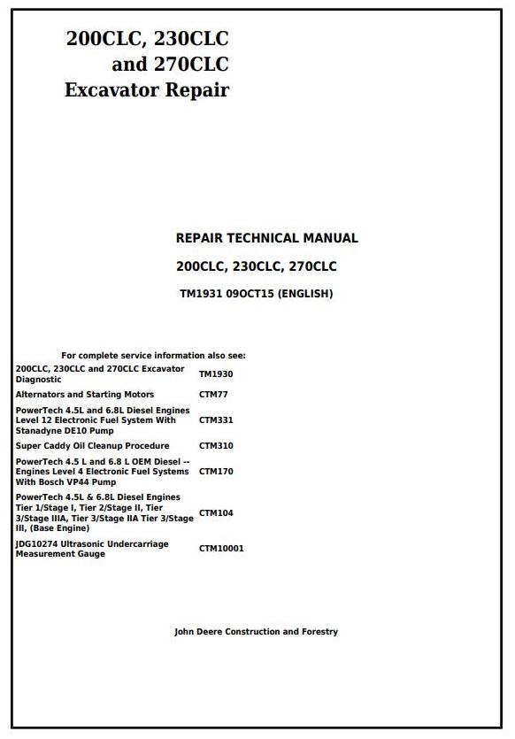 John Deere 200CLC 230CLC 270CLC Excavator Repair Technical Manual TM1931