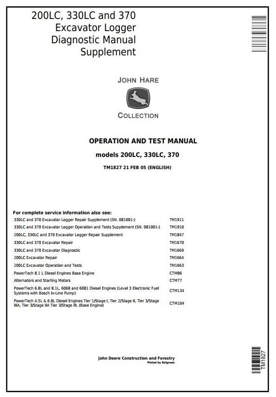 John Deere 200LC 330LC 370 Excavator Logger Diagnostic Manual Supplement TM1827
