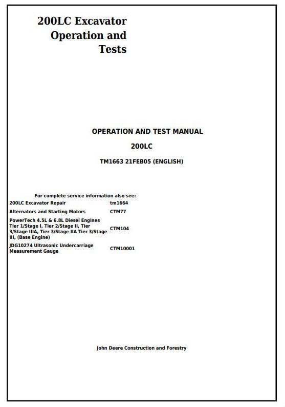 John Deere 200LC Excavator Operation Test Manual TM1663