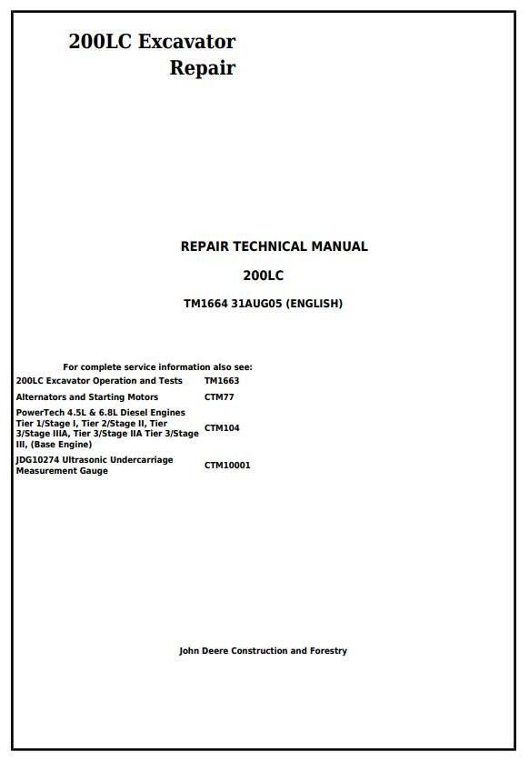 John Deere 200LC Excavator Repair Manual TM1664