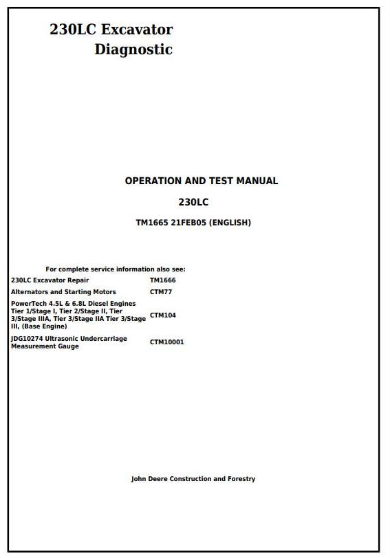 John Deere 230LC Excavator Diagnostic Operation Test Manual TM1665