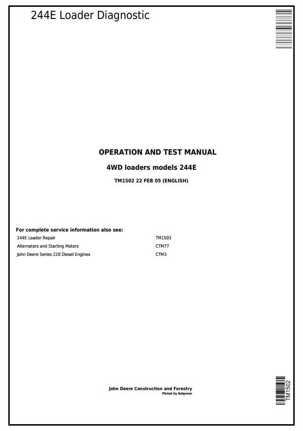 John Deere 244E 4WD Loader Operation Test Manual TM1502