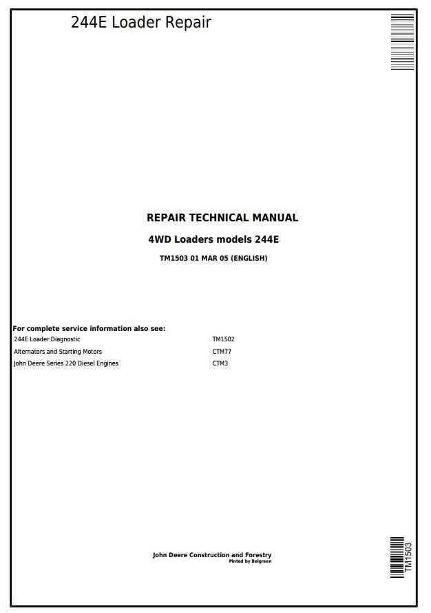 John Deere 244E 4WD Loader Repair Technical Manual TM1503