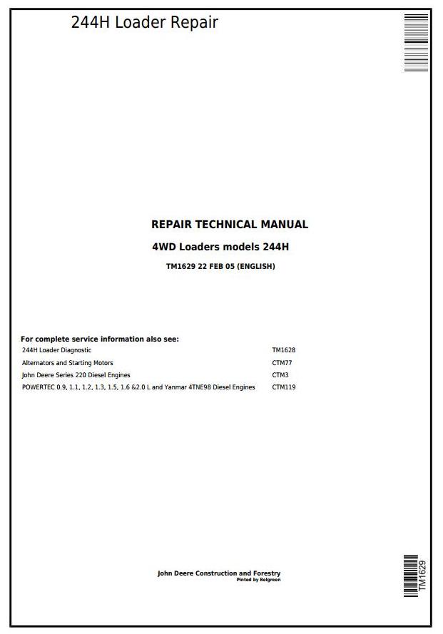 John Deere 244H 4WD Loader Repair Technical Manual TM1629