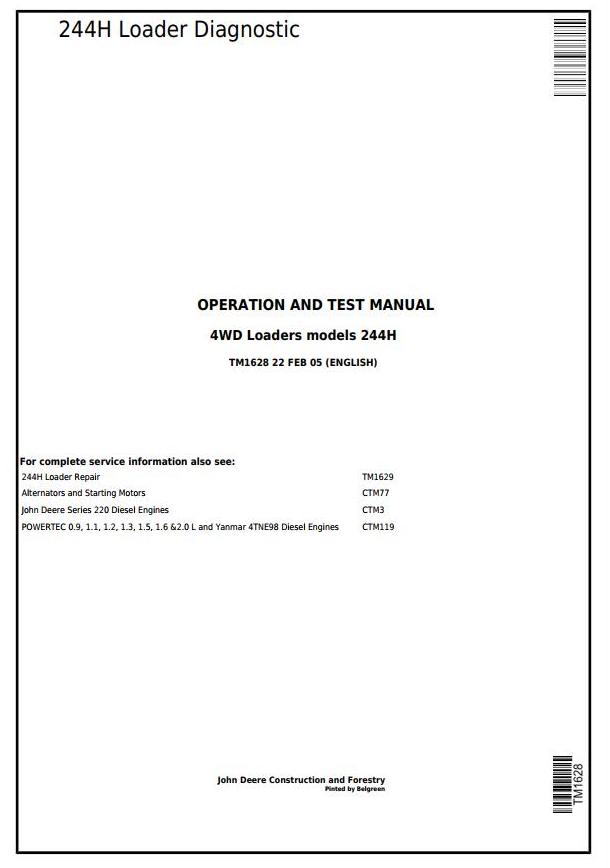 John Deere 244H Compact Loader Diagnostic Operation Test Manual TM1628