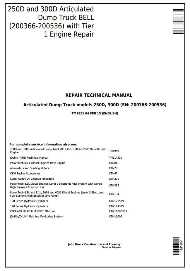 John Deere 250D 250D 300D Articulated Dump Truck Repair Technical Manual TM1951