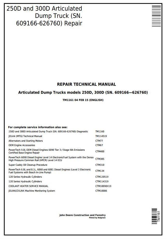 John Deere 250D 300D Articulated Dump Truck Repair Technical Manual TM1161