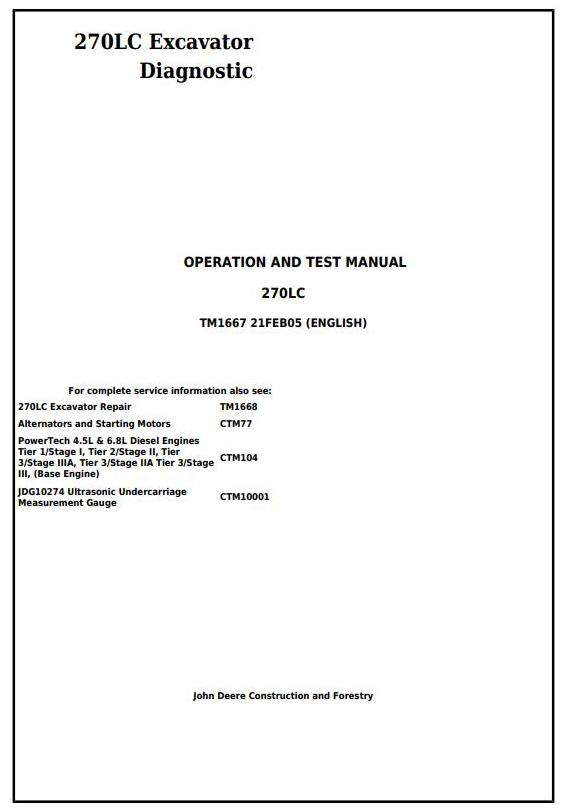 John Deere 270LC Excavator Diagnostic Operation Test Manual TM1667