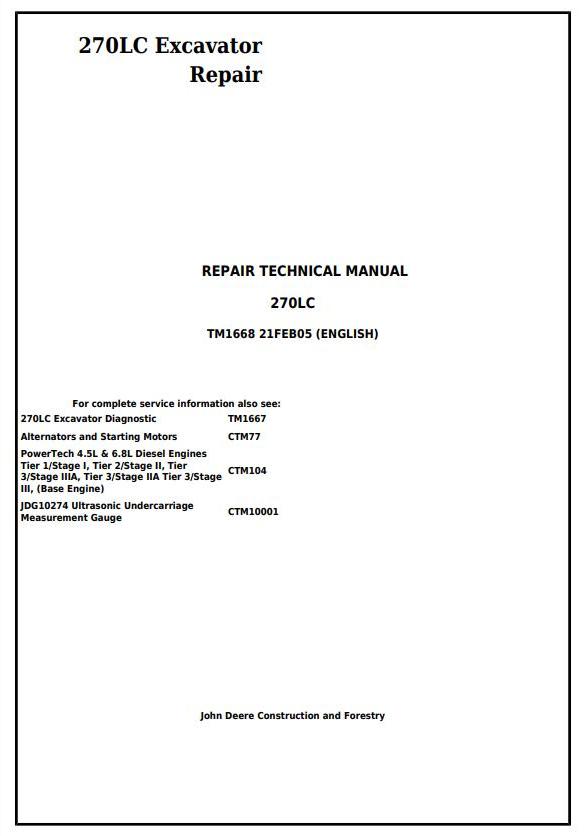 John Deere 270LC Excavator Repair Technical Manual TM1668