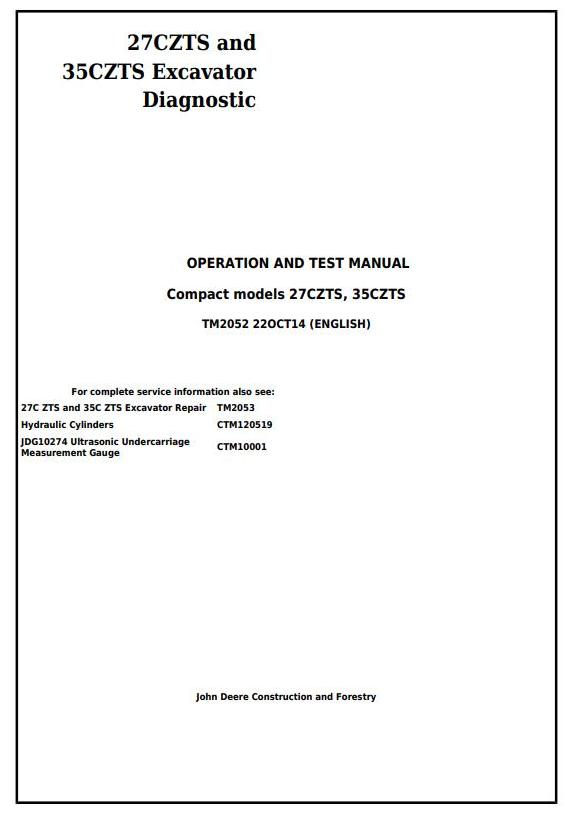 John Deere 27CZTS 35CZTS Excavator Diagnostic Operation Test Manual TM2052