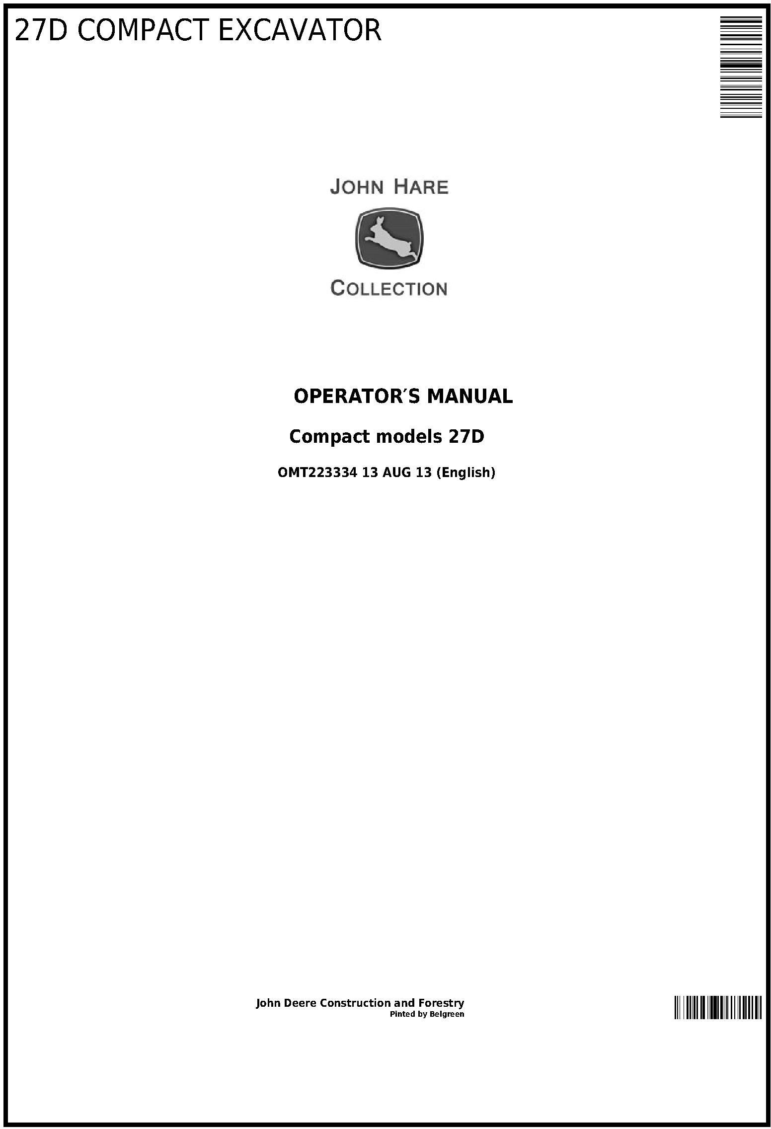 John Deere 27D Compact Excavator Operator Manual OMT223334