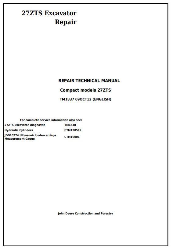 John Deere 27ZTS Excavator Repair Technical Manual TM1837