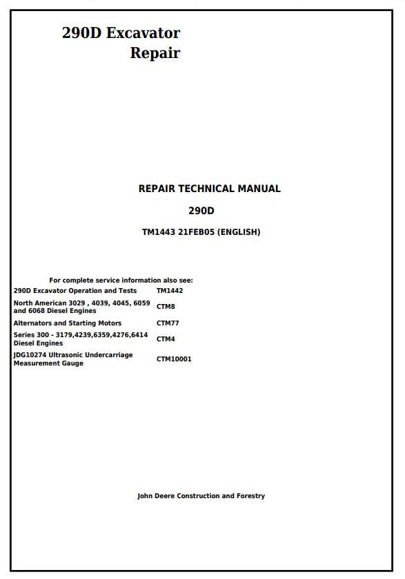 John Deere 290D Excavator Repair Technical Manual TM1443
