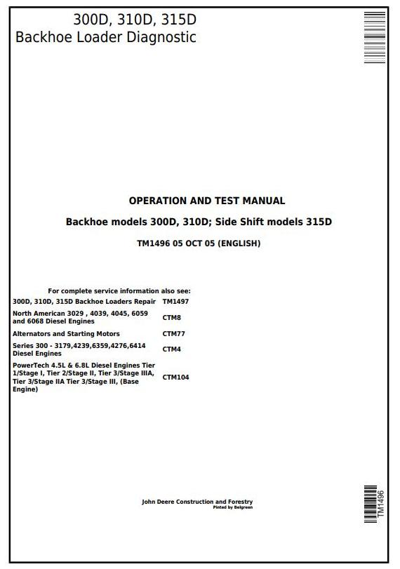John Deere 300D 310D 315D Backhoe Side Shift Loader Operation Test Manual TM1496