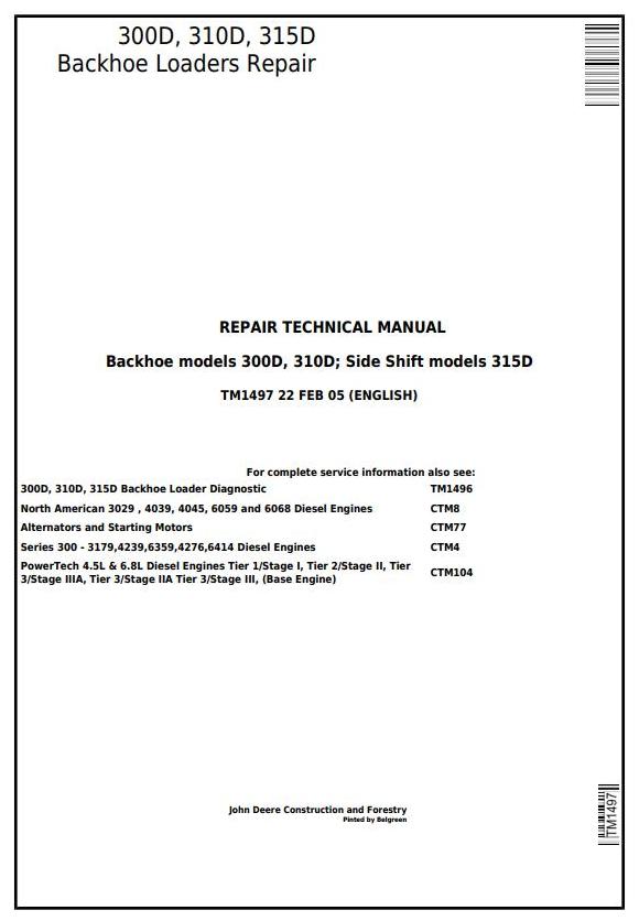 John Deere 300D 310D 315D Backhoe Side Shift Loader Repair Technical Manual TM1497