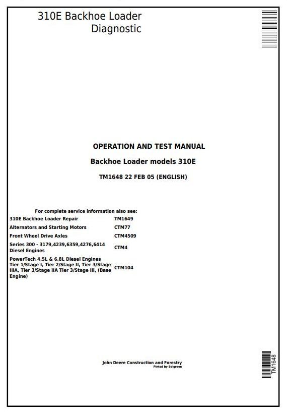 John Deere 310E Backhoe Loader Diagnostic Operation Test Manual TM1648