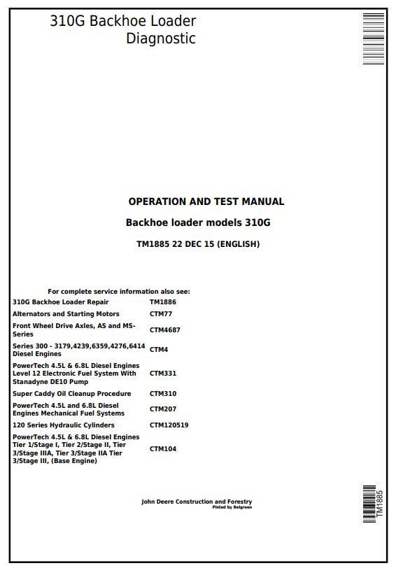 John Deere 310G Backhoe Loader Diagnostic Operation Test Manual TM1885