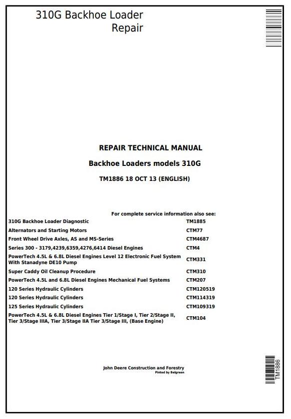 John Deere 310G Backhoe Loader Repair Technical Manual TM1886
