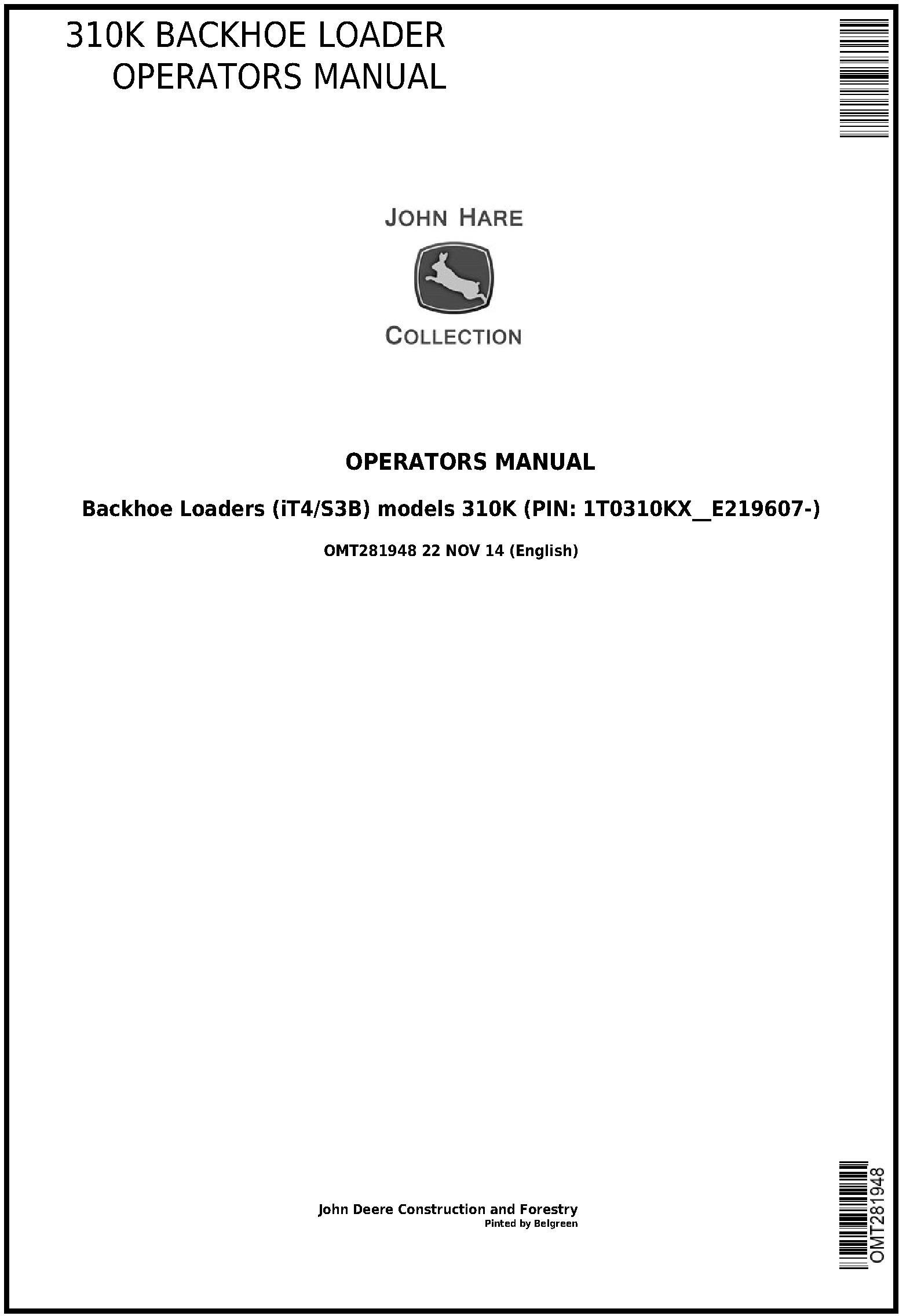 John Deere 310K Backhoe Loader Operator Manual OMT281948