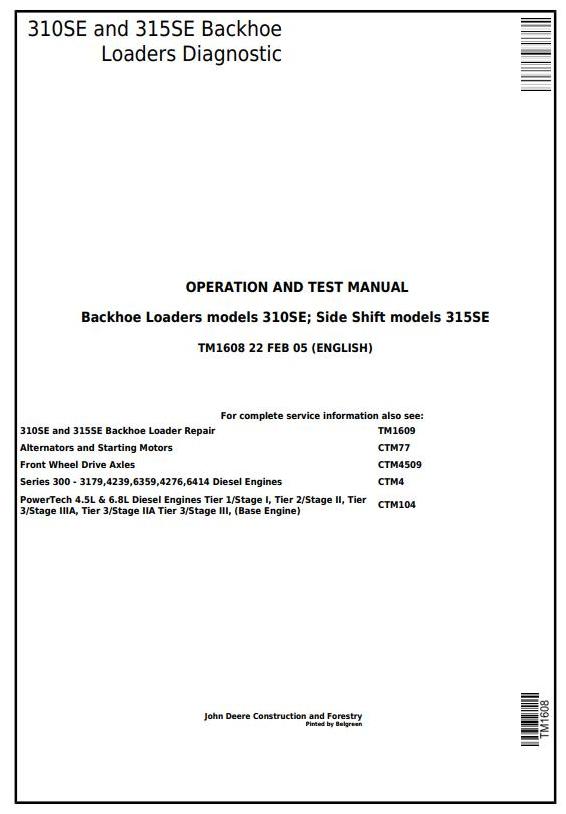 John Deere 310SE 315SE Backhoe Loader Side Shift Diagnostic Operation Test Manual TM1608
