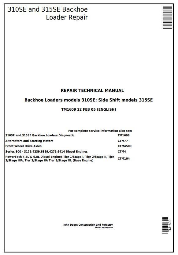 John Deere 310SE 315SE Backhoe Loader Side Shift Repair Technical Manual TM1609