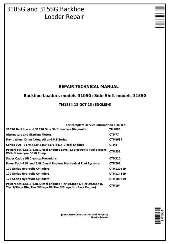 John Deere 310SG 315SG Backhoe Loader Side Shift Loader Repair Technical Manual TM1884